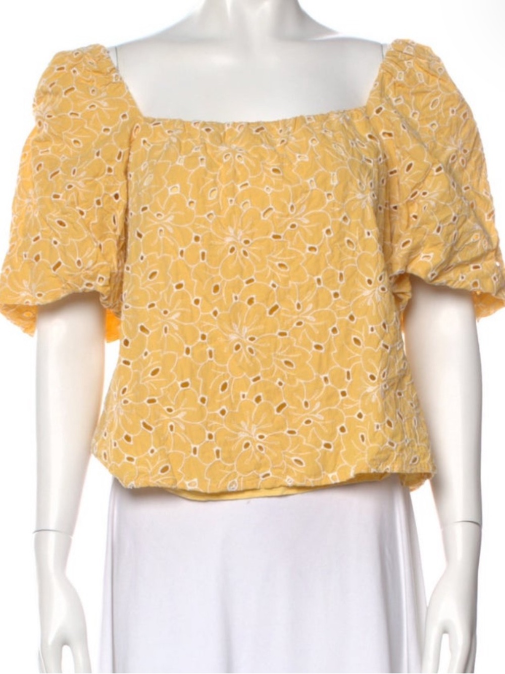 Sezane Yellow Eyelet Puff-Sleeve Square Neck Blouse